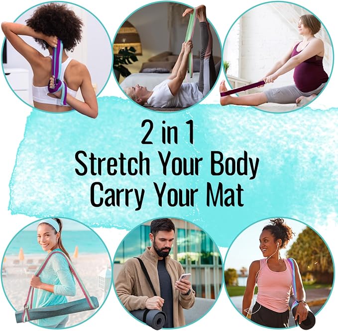 TECEUM Yoga Strap & Mat Strap – 2 IN 1 – Cotton – 6 ft 8 ft 10 ft (30+ colors) – Adjustable Non-Slip Belt for Yoga, Pilates, Stretching, Physical Therapy, Fitness & Home Workout – For Carrying Mats