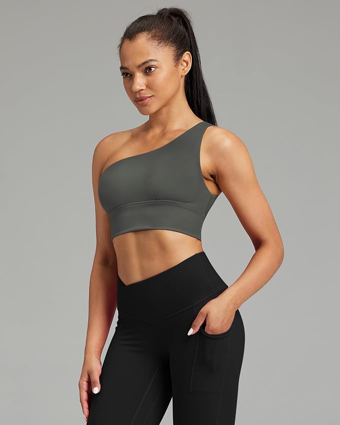 Queenie Ke Womens One Shoulder Sports Bra Left Side Strap Yoga Bras Gym Training Workout Crop Tops