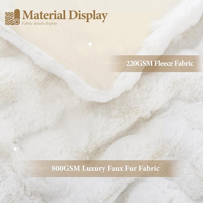Luxury 1000GSM Faux Rabbit Fur Throw Blanket, Super Heavy Warm Cozy Blankets for Couch Bed Sofa, Bubble Plush Fuzzy Elegant Soft Mink Blanket for Mom Living Room Bedroom, Cream White