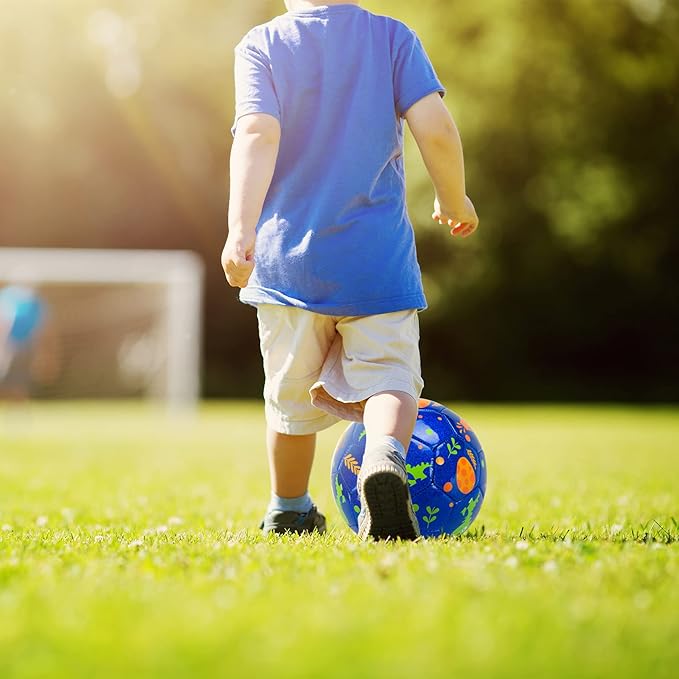 INPODAK Soccer Ball Size 2 for Toddler, Cartoon Dinosaur Blue Soccer Ball for Kids 2 3 4 5 with Pump, Mesh Bag and Gift Box for Birthdays, Parties and Operation Christmas Child Shoebox