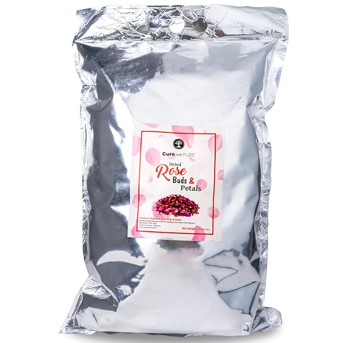 Cure With Pure Dried Rose Buds & Dried Rose Petals 1LB Edible Rosebuds & Dried Roses For Tea, Baking, Relaxing Bath, Rose Water, & Potpourri Handpicked, Preservative Free Edible Dry Rose Petals