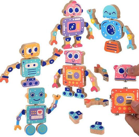 Wooden Robots for Kids Building Blocks, Fine Motor Skills, Boys and Girls STEM Disassemblable Toy Sets, Suitable for Children Aged 3 to 8, Creative Building Toys