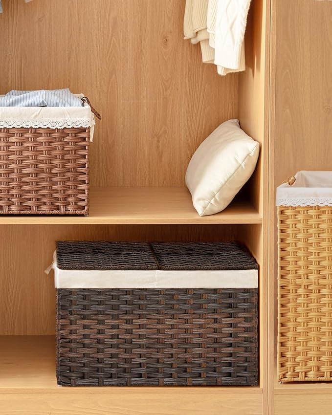 SETVSON Storage Basket with Lid PE Rattan Storage Basket 105L, Brown | 27.8 Gal Storage Bin with 2 Separate Lids, 2 Removable Liners for Clothes & Blankets, Sturdy Metal Frame, PE Rattan
