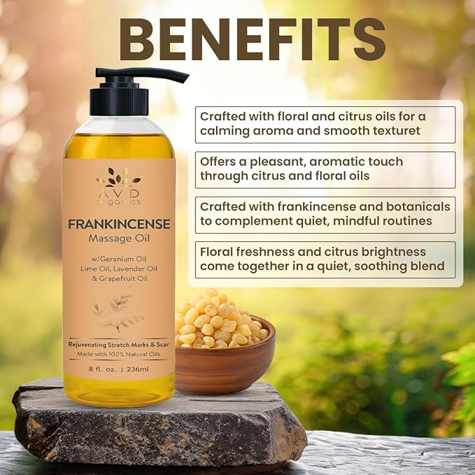 AVD Organics Frankincense Massage Oil 236ml | Invigorating Refreshing and Soothing Massage | Made with Natural Oils | Ideal for Both Men and Women 8 fl oz