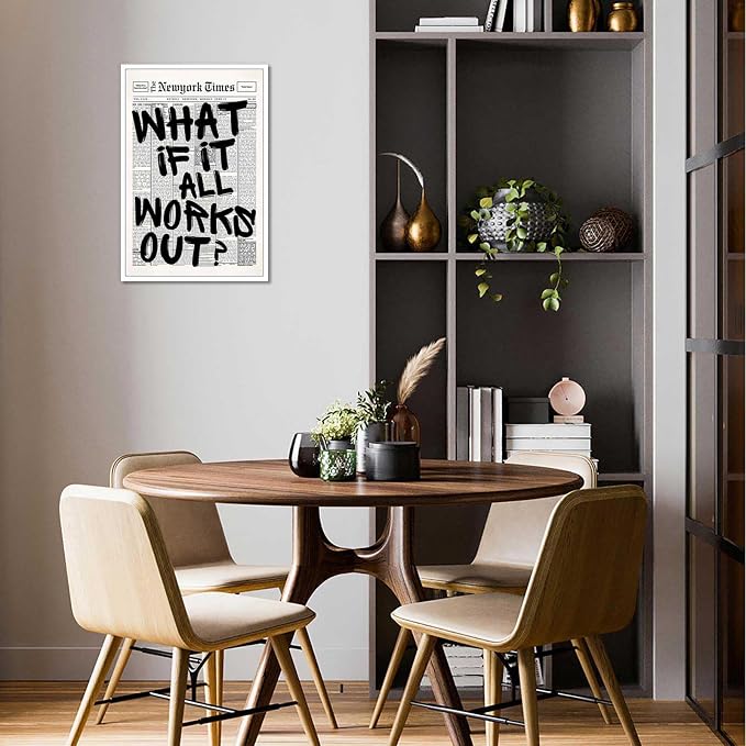 Retro Black And White Newspaper Poster What If It All Works Out Canvas Wall Art Positive Affirming Quote Minimalist Prints Painting For Home Bedroom Dorm Wall Decor 24x36in Unframed