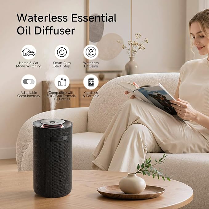 Nimin Smart Auto Start-Stop Car Diffuser, Waterless Essential Oil Diffuser for Home & Car, 2000mAh Battery Powered Cordless Scent Machine, Fits 5/10/15ml Bottles, Black