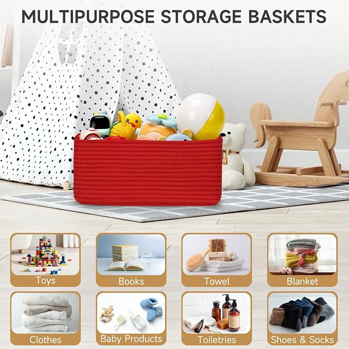 3 Pack Small Storage Baskets for Organizing, 11.8×7.8×5.1", Christmas Red | Woven Baskets for shelves, Cotton Rope Basket for Gifts Empty, Closet Organizer Bins with Handles, Cube Decorative Box
