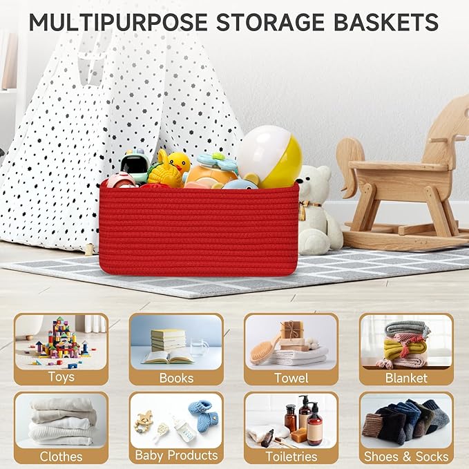 3 Pack Storage Baskets for Organizing, 13.7×9.5×6.3", Red | Woven Baskets for Shelves, Cotton Rope Basket for Gifts Empty, Closet Organizer Bins with Handles, Cube Decorative Box