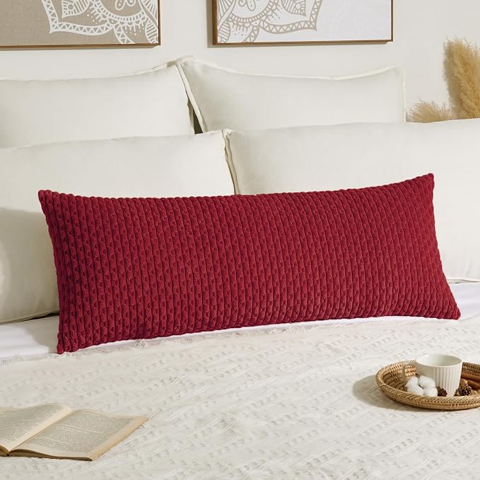 Kevin Textile Soft Corduroy 14"x36" Lumbar Pillow Cover 1 Pack, Burgundy | Boho Stripe Plush Corduroy Decorative Oblong Cushion Cover Modern Farmhouse Home Decor for Sofa Couch Bed Chair
