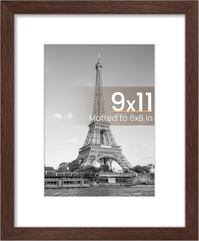 upsimples 9x11 Picture Frame, Display Pictures 6x8 with Mat or 9x11 Without, Wall Hanging Photo Frame, Brown, 1 Pack
