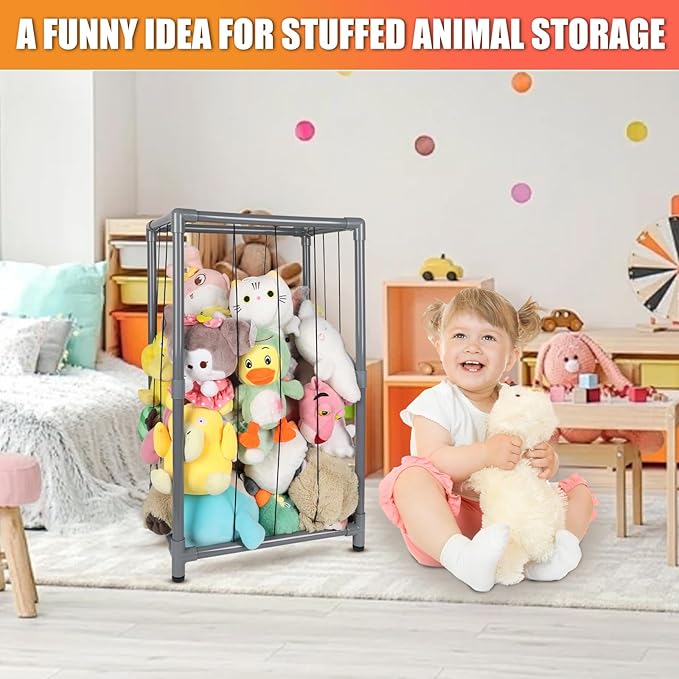 Stuffed Animal Storage Zoo Stuffed Animal Holder,Off-Ground and Space Save Vertical Stuffed Animals Organizer PVC with Elastic for Bedroom Playroom Nursery (Greyish Black, Small)