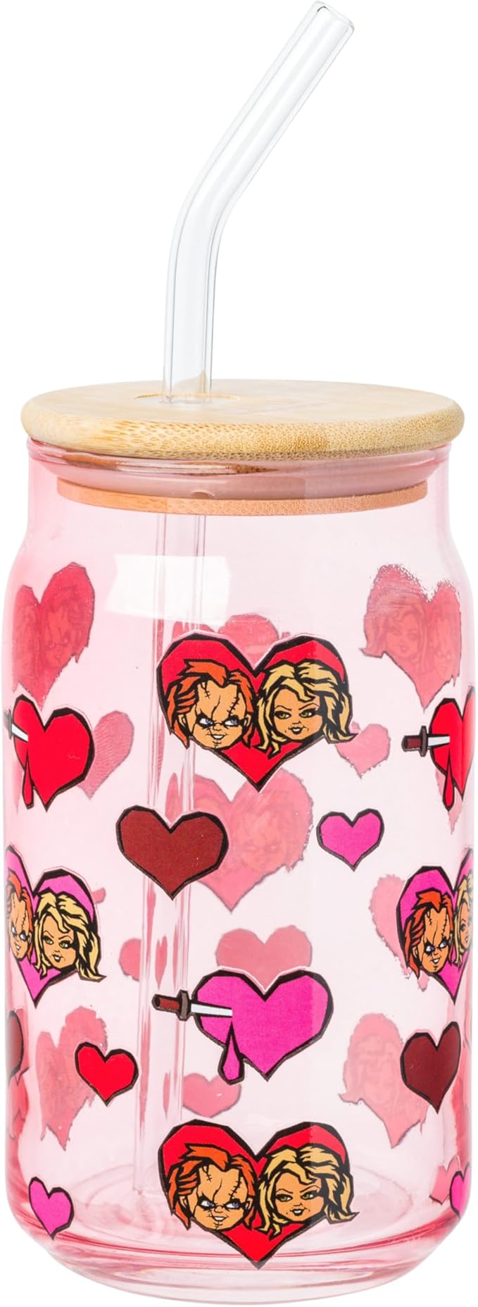 Silver Buffalo Chucky Featuring Tiffany Horror Scary Dolls Bloody Hearts Glass Jar Tumbler with Bamboo Lid and Glass Straw, 16 Ounces