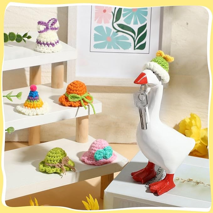Geyoga 6 Pcs Mini Knitted Hats 7 Inch Goose Outfits Hat with Adjustable Strap Mini Porch Goose Headwear for Statue Key Holder