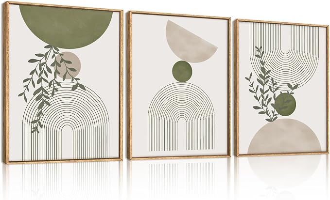 ANHUIB Boho Abstract Wall Art Canvas,Sage Green Wall Decor Framed,Geometric Line Art Prints Leaves,Minimalist Artwork Botanical,3 Piece 16x12In Beige Nature Painting for Living Room Bedroom