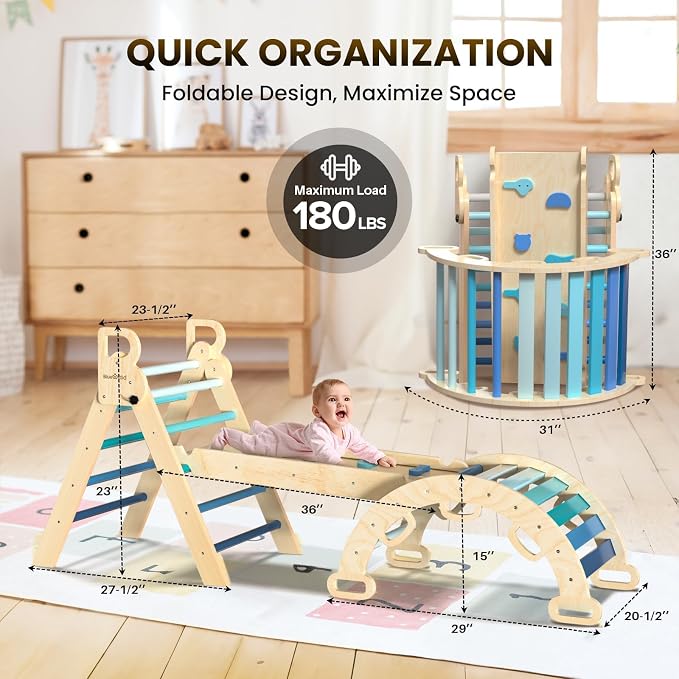 BlueWood Pikler Triangle Set with Safe Handle, Foldable 7-in-1 Montessori Toddler Climbing Toys Indoor, Wooden Pickler Climbing Set, Baby Jungle Gym & Playground, Climbing Toys for 1-3 Year, Sky Blue