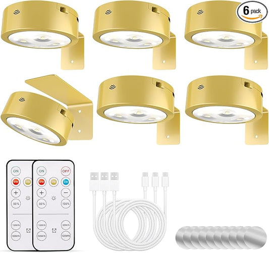 Tututry 6-Pack Picture Lights for Wall, Rechargeable Battery Operated Wireless Magnetic Painting Lights with Remote Dimmable and Timer, Wall Decor Lights with 3 Lighting Modes for Art Display (Gold)