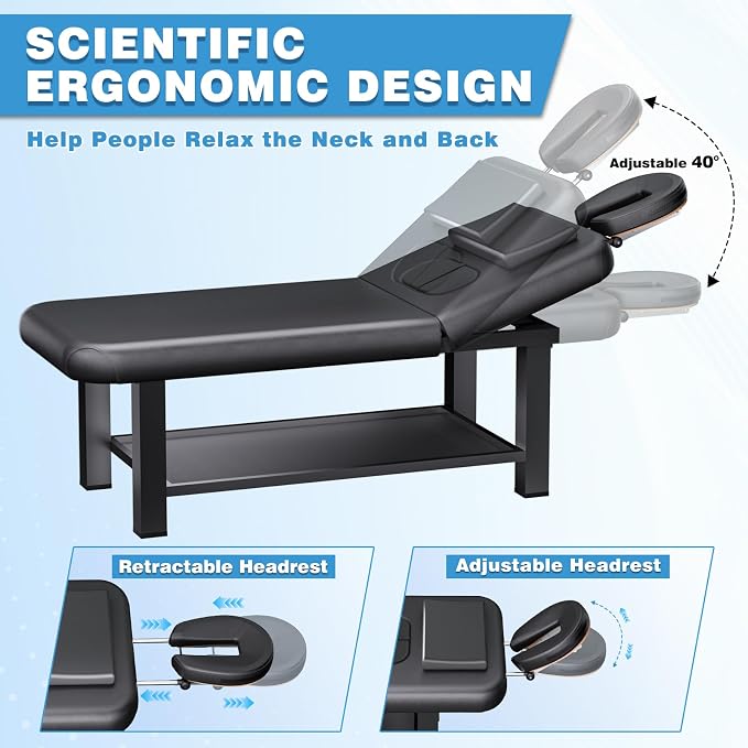 Heavy Duty Frame Professional Massage Table with Adjustable Backrest & Height Legs & Face Pillow, PU Leather, for Treatment, Physical Therapy, Spa Facial Professional Massage (Cast Iron, Black)