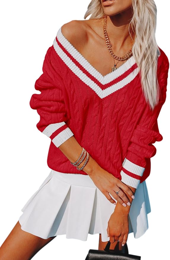 Aoudery Womens V Neck Oversized Sweaters Long Sleeve Cable Knit Pullover Striped Chunky Sweater Casual Tennis Tunic Tops