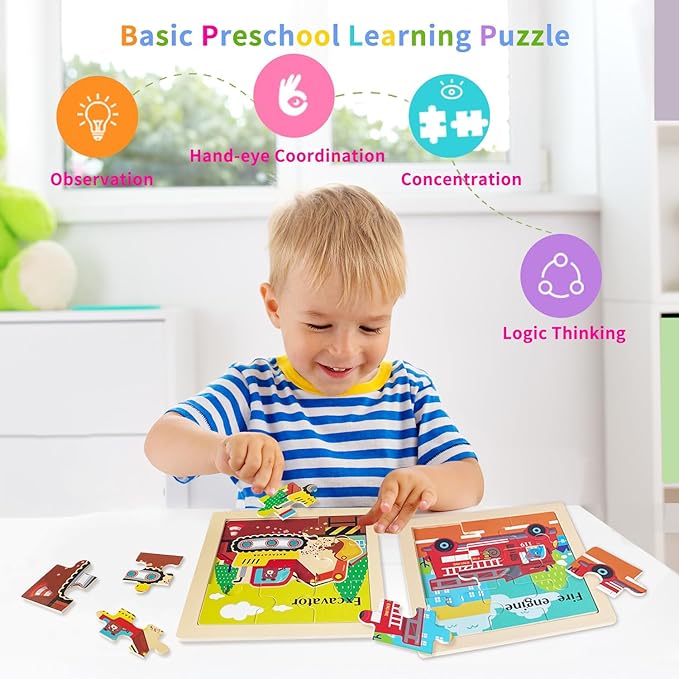 Wooden Puzzles for Toddlers, 9 Pieces Vehicle Jigsaw Puzzles for Kids Ages 3-5 4-6, Preschool Learning Activities, Learning & Educational Toys, Gifts for Boys, Girls (8 Pack)