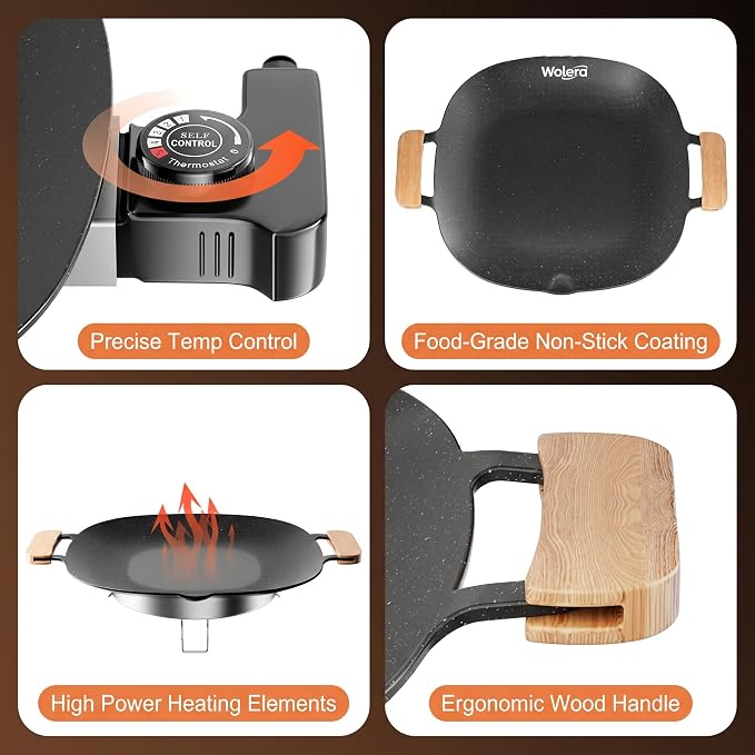 Smokeless Electric BBQ Grill, Wood Handles, Adjustable Temp | Electric nonstick griddle, 5 temperature settings, for steak, pancakes, fried eggs, low-fat meals, easy clean.