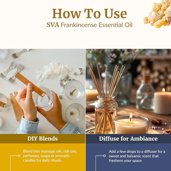 SVA Frankincense Essential Oil – 1 Fl Oz – for Diffuser, Skin & Hair Care – Ideal for Massage & DIY Blends – with Dropper