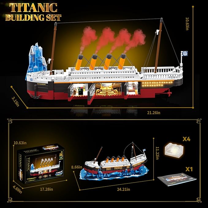 2 in 1 Titanic Building Set, Titanic Big Ship Model Building Kit with Lights Bricks and Glacier, Compatible with Lego for Adults Men, 1928 Pieces STEM Construction Toy for Kids Teens Boys Ages 8-14+