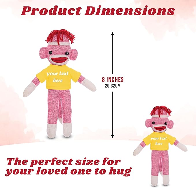 Huggable Pink Sock Monkey 8 Inch, Plush Stuffed Animal Personalized Gift-Custom Text on Shirt-Perfect for Halloween Day, Valentine's Day, Graduation Day, or Birthday Present (Yellow)