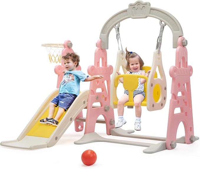 3-in-1 Kids Slide for Toddlers Slide and Swing Set,Indoor Playground for Children,Freestanding Outdoor Slides with Basketball Hoop,Outside Climber Playhouses,Baby Climbing Toys
