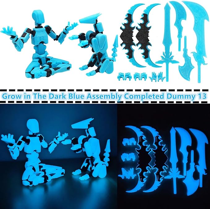 T13 Action Figures (Grow in The Dark Blue) Titan 13 Action Figures T13 3D Action Figure Set Already Assembled Dummy 13 Nova T-13 Robot 3D Printed Multi-Jointed Movable Toy (Blue Black + Dog)