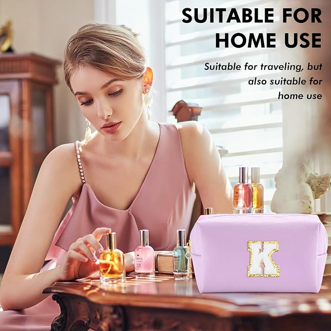 URSKYTOUS Gifts for Girls Initial Makeup Bag Personalized Cosmetic Bag with Zipper Cute Travel Toiletry Bag Waterproof PU Preppy Makeup Pouch Birthday Gift for Teen Girls Women(Purple K)