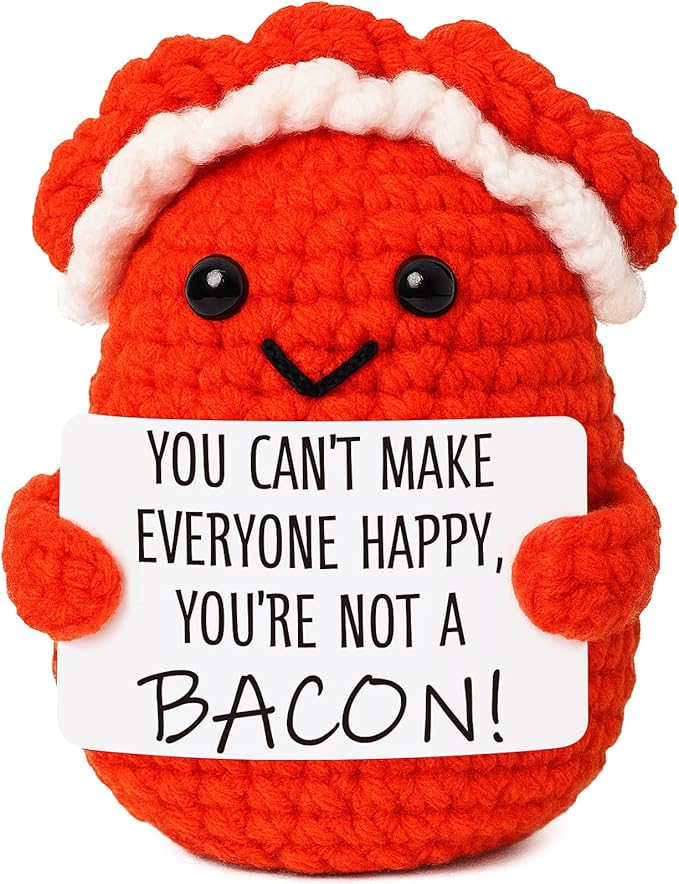 Mini Motivational Bacon Handmade Crochet Bacon for Women White Elephant Christmas Encouragement Gift for Friends Coworkers Small Birthday Back to School Gifts Cute Motivation Unique Office Desk Decor