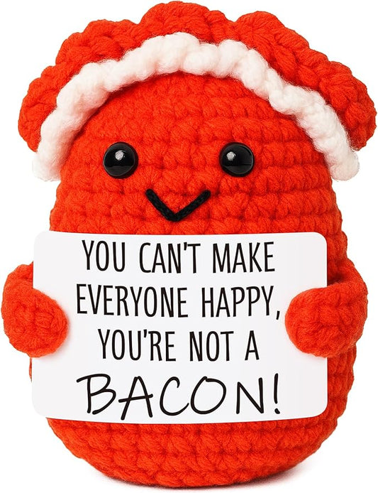 Mini Motivational Bacon Handmade Crochet Bacon for Women White Elephant Christmas Encouragement Gift for Friends Coworkers Small Birthday Back to School Gifts Cute Motivation Unique Office Desk Decor