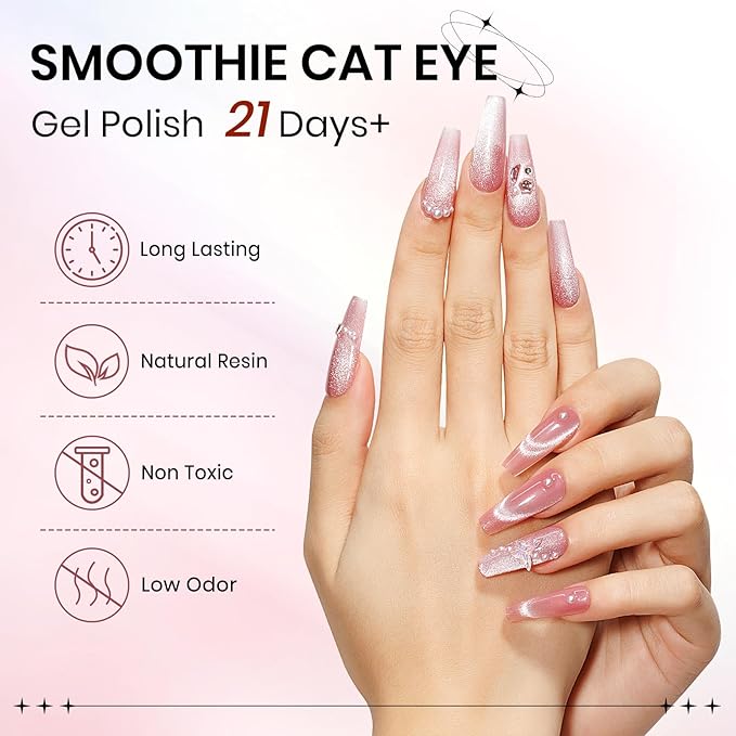 Pink Cat Eye Gel Nail Polish, Holographic Magnetic Gel Nail Polish Glitter Shimmer Effect with Magnet Soak Off U V Salon DIY at Home, 0.5 OZ