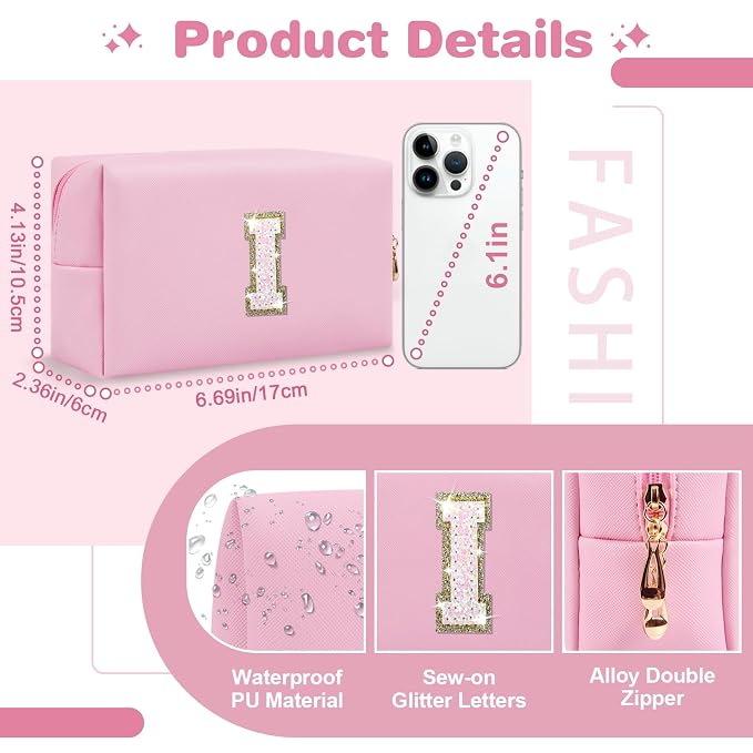 Small Personalized Initial A-Z Patch Makeup Bag,Pink Cute PU Leather Glitter Letter Cosmetic Bag for Teen Girls,Travel Toiletry Bag with Zipper,Preppy Monogrammed Birthday Gift for Daughter Niece I