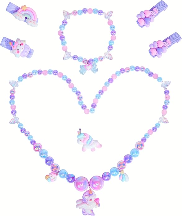 Little Girl Jewelry Sets Kids Jewelry - Unicorn Mermaid Bead Necklaces, Jewel Rings, Dress Rings, Friendship Bracelets with Science Knowledge Cards & Spare Strings - Princess Dress Play Toy for Toddlers 2 3 4 5 6 7 8 - Birthday Party School Gifts