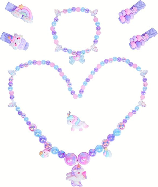 Little Girl Jewelry Sets Kids Jewelry - Unicorn Mermaid Bead Necklaces, Jewel Rings, Dress Rings, Friendship Bracelets with Science Knowledge Cards & Spare Strings - Princess Dress Play Toy for Toddlers 2 3 4 5 6 7 8 - Birthday Party School Gifts