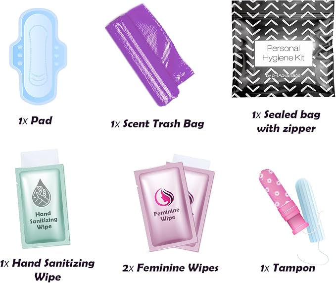 Menstrual Kit All-in-One | Convenience on The Go | Single Period Kit Pack for Travelling, Tweens & Teenagers | Individually Wrapped Feminine Hygiene Products (Black Treads)