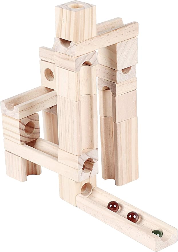 Wooden Marble Run STEM Learning Toys for Kids 4-8 | 60+ Expandable Building Blocks with Glass Marbles & Guide | Safe Birchwood Construction (ASTM Certified)