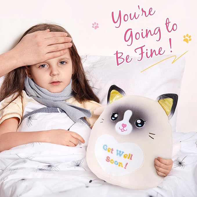 13.5" Get Well Soon Cat Plush Pillow Soft Cute Ragdoll Cat Stuffed Animal Get Well Soon Kitten Gift for Women Girls Kids Patient Feel Better Plush Toy