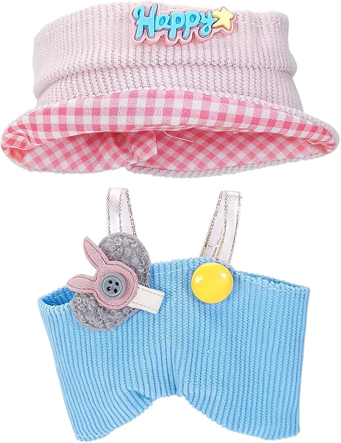 Doll Clothes for 17cm Dolls, Cute Outfit Set with Accessories, Bucket Hat and Overalls (No Doll) (Pink Blue Overalls Set)