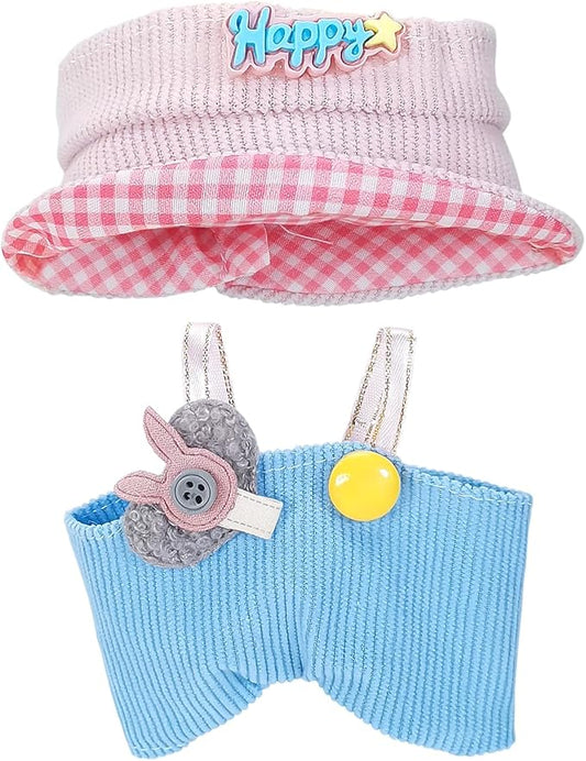 Doll Clothes for 17cm Dolls, Cute Outfit Set with Accessories, Bucket Hat and Overalls (No Doll) (Pink Blue Overalls Set)