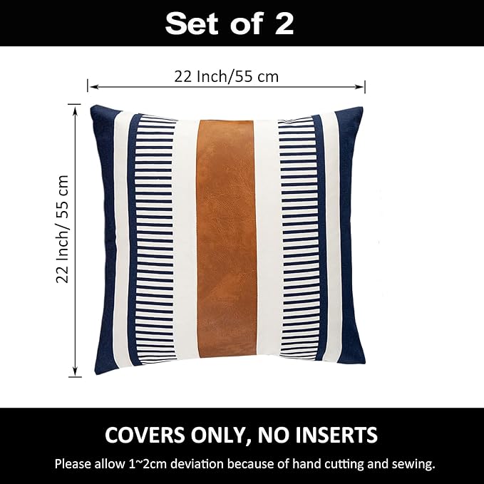 Set of 2 Navy Blue and White Boho Throw Pillow Cover, Faux Leather Modern Couch Pillow Covers 22x22 inch Farmhouse Stripe Pillowcase for Sofa Bedroom Living Room