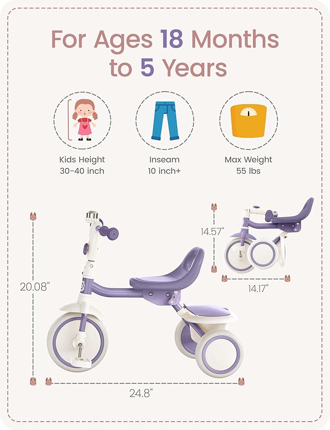 besrey Kids Tricycles Age 18 Month to 5 Years, Toddler Tricycle Kids Trikes Tricycle, Gift Toddler Tricycles for 2-5 Year Olds, Gift & Toys for Boy & Girl, Trikes for Toddlers, Dark Purple