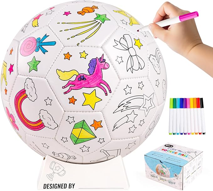 EVERICH TOY Paint Your Own Soccer Ball with Markers, Toddler Arts and Crafts Soccer Gifts, Kids Soccer Ball Size 3 Unicorn Toys for Girls Boys, Sports Drawing DIY Design Color Play Ball Game with Pump