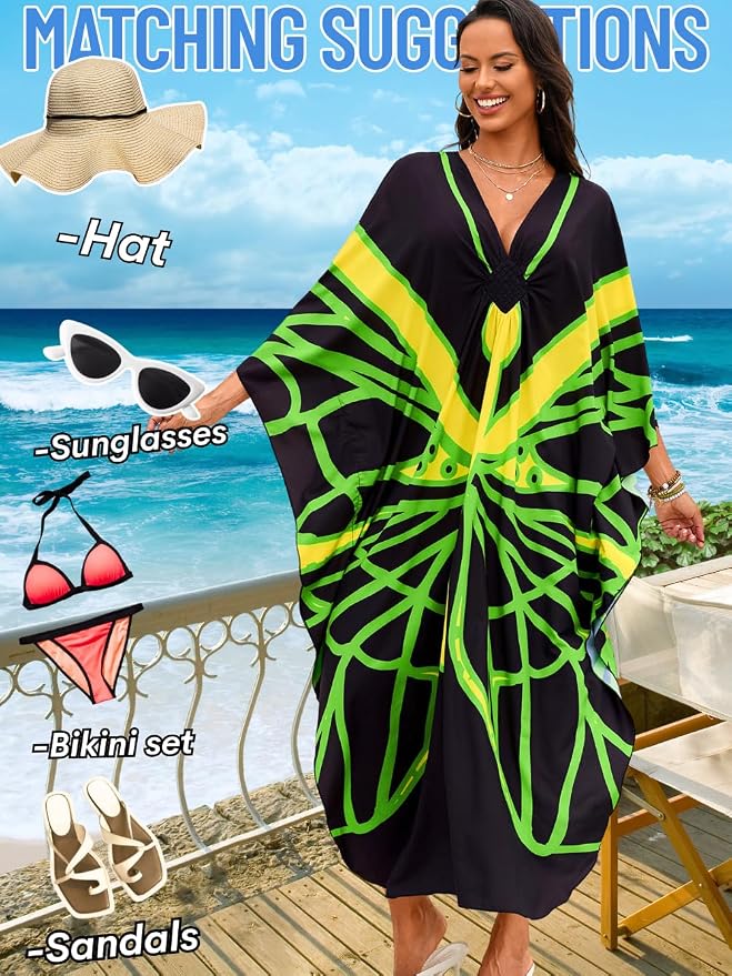 ChiaoLezhee Print Moo-Moos for Women, Kaftan Cover-Up Dresses, Sexy V-Neck High-Slit, Beach Pool-Party Coverups Muumuu Plus