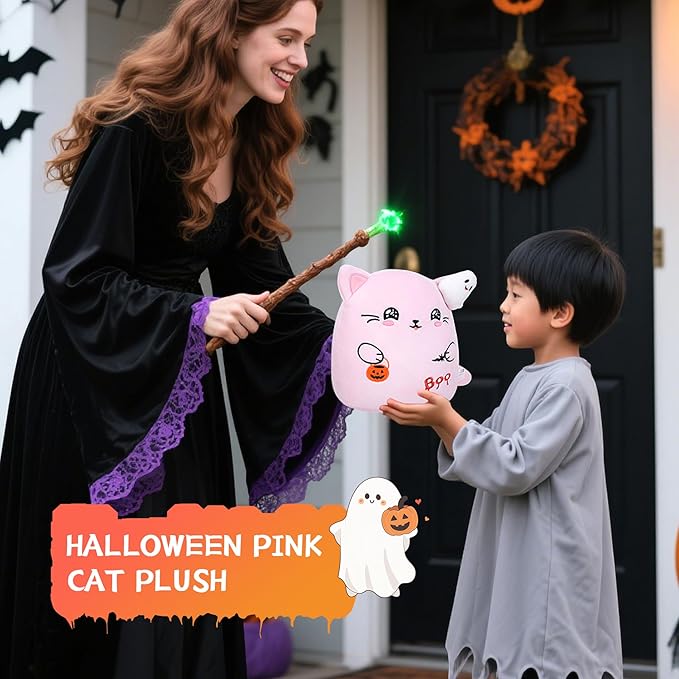 Pink Cat Plush – Halloween Stuffed Animal Ghost Bat Design Soft Pink Cat Stuffed Animal Decoration Party Favors 10 Inch