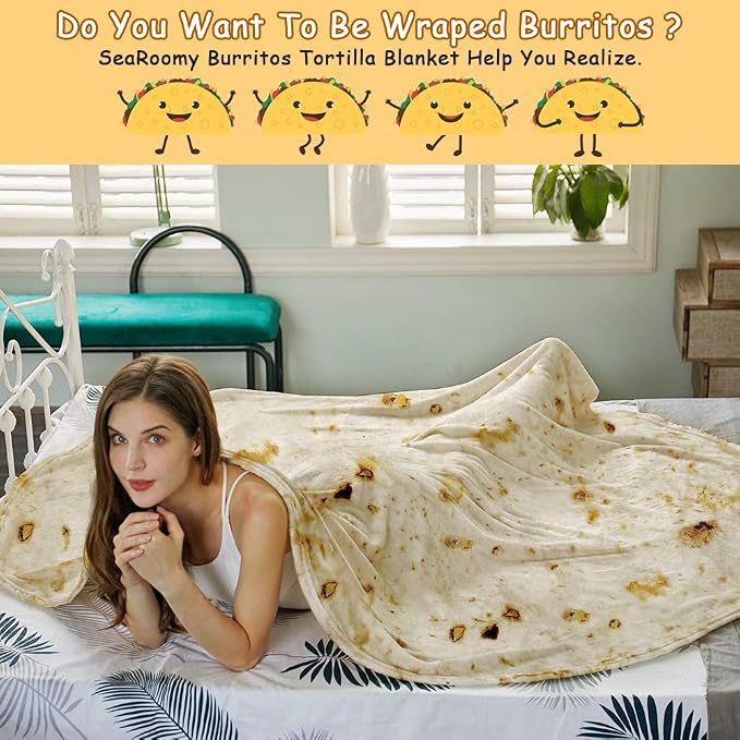 SeaRoomy 71 inches Burrito Tortilla Blanket, Funny Food Throw Blanket | White Elephant Christmas Birthday Gifts, Gag Gifts for Women Men Teen Boys & Girls, Soft & Warm Flannel, Double Sided
