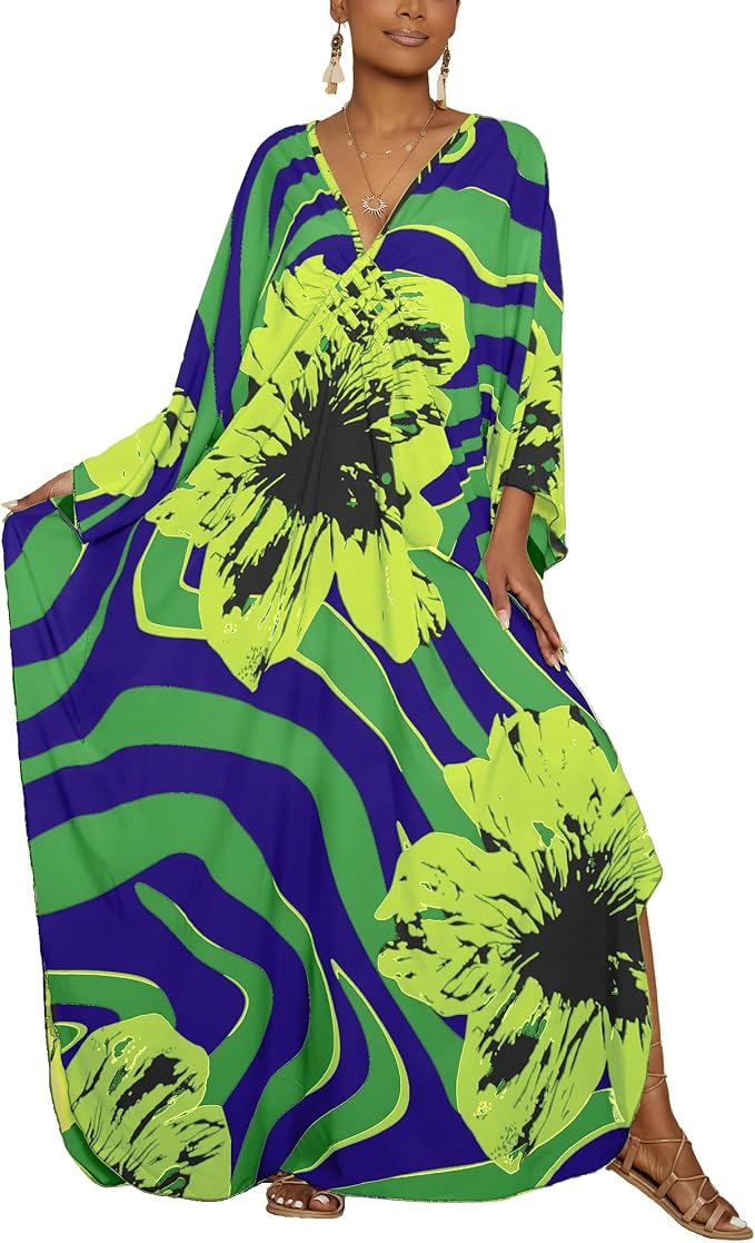 Bsubseach Kaftan Dresses for Women Floral Print Plus Size Beach Cover Up | Lightweight V Neck Loose Fit Boho Dress, Batwing Sleeve Side Slit, Moo Moos for Women Home Loungwear Cruise Resort Wear