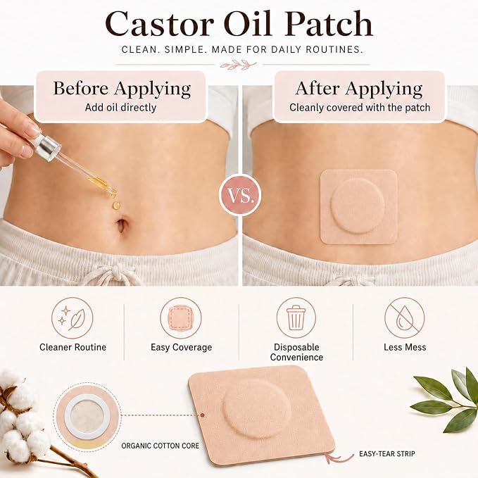 100Pcs Castor Oil Patches, Organic Cotton Castor Oil Pack Wrap Disposable Self-Adhesive Belly Button Patch Cover for Castor Oil, Mess-Free Anti Leakage No Wash Castor Oil Packs for Stomach