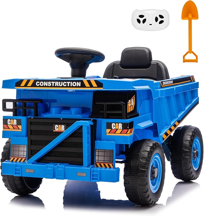 POSTACK 12V Ride On Construction Truck,Battery Powered Ride On Car with Remote Control, Kids Electric Vehicle with Shovel, Speaker, Bluetooth, Music,Boys Girls Gift, 3 Speeds,Blue